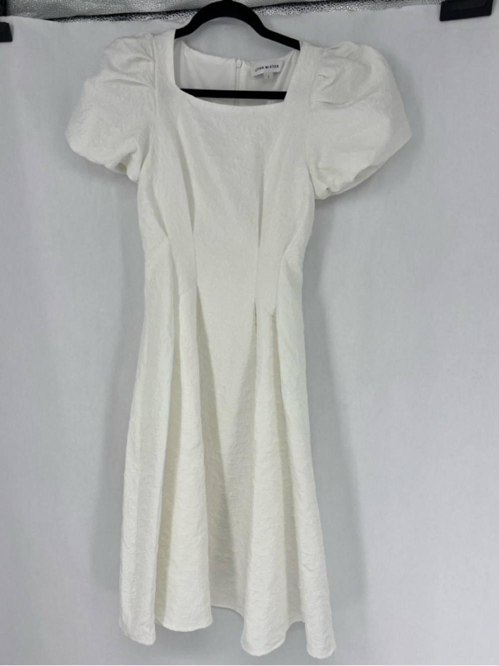 Liyan McAteer Structured Puff-Sleeve White Midi Dress (wedding rehearsal dinner)